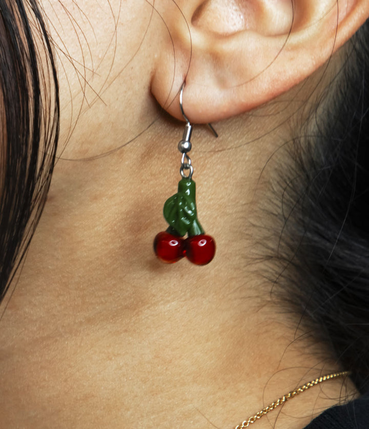 Mmmelty 72pc Earring Display Closeup Cherries Front View on White Background