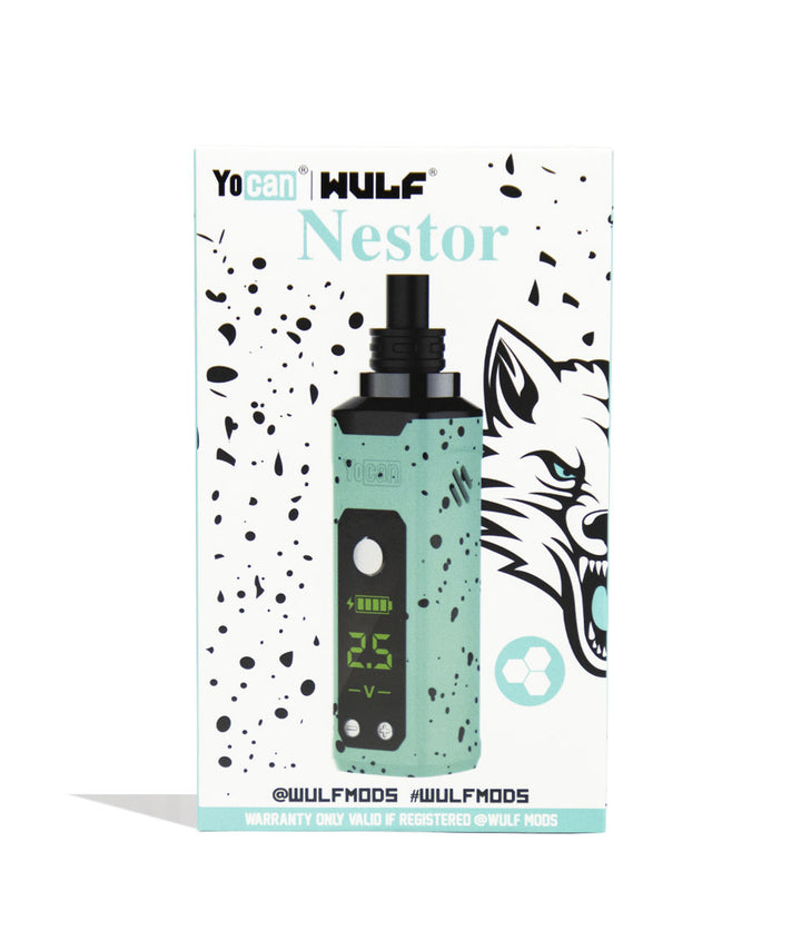 Teal Black Spatter Wulf Mods Nestor Portable Concentrate Vaporizer Packaging Front View on White Background