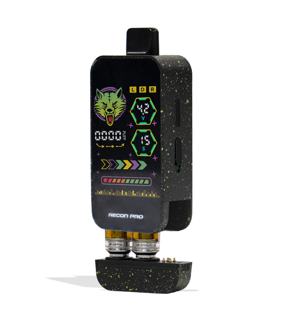 Black Green Spatter Wulf Mods Recon Pro Dual 510 Voltage Battery 9pk Apart View on White Background