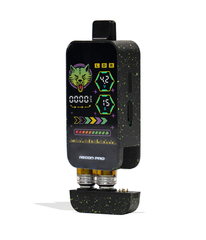 Black Green Spatter Wulf Mods Recon Pro Dual 510 Voltage Battery 9pk Apart View on White Background