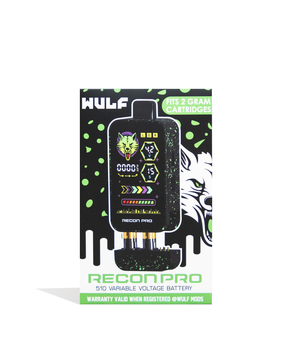 Black Green Spatter Wulf Mods Recon Pro Dual 510 Voltage Battery 9pk Packaging Front View on White Background