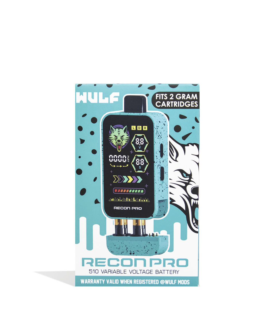 Teal Black Spatter Wulf Mods Recon Pro Dual 510 Voltage Battery 9pk Packaging Front View on White Background