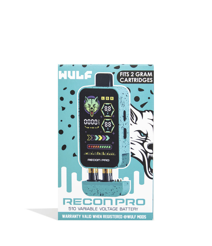 Teal Black Spatter Wulf Mods Recon Pro Dual 510 Voltage Battery 9pk Packaging Front View on White Background