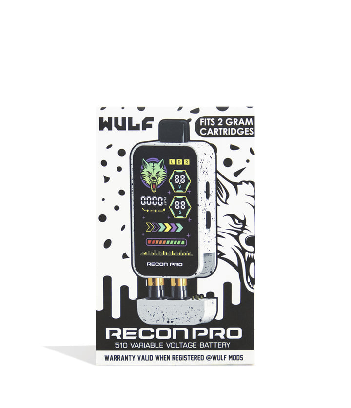 White Black Spatter Wulf Mods Recon Pro Dual 510 Voltage Battery 9pk Packaging Front View on White Background