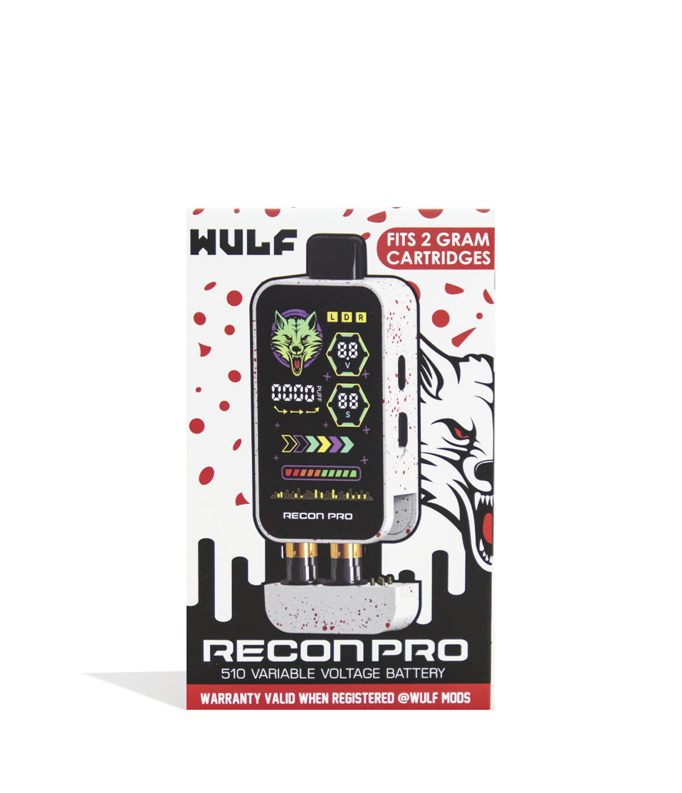 White Red Spatter Wulf Mods Recon Pro Dual 510 Voltage Battery 9pk Packaging Front View on White Background