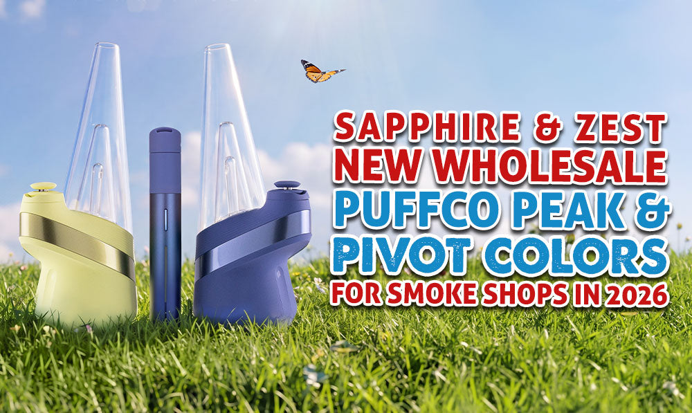 Sapphire and Zest colors Puffco Peak and Puffco Pivot on grass with blue sky