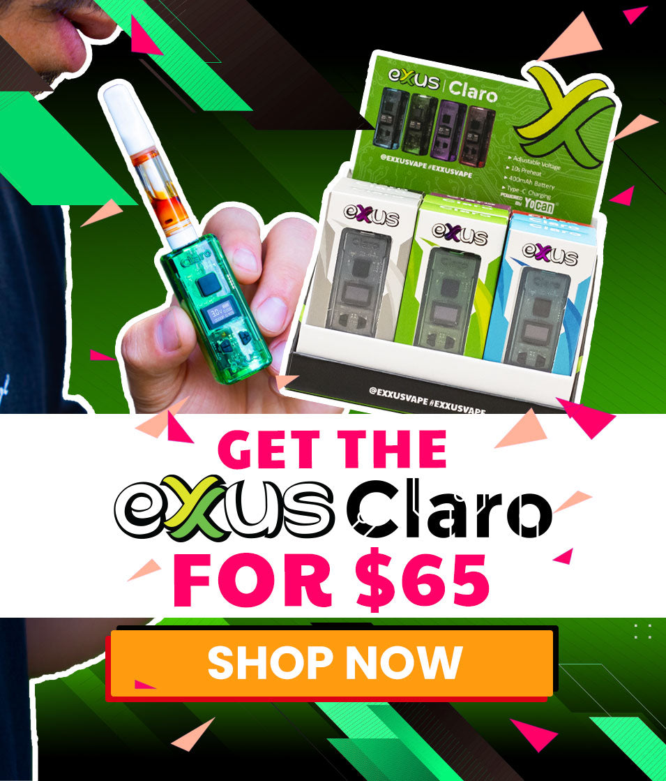 Exxus Claro vaping device and packaging held by a person with promotional text on a colorful background.