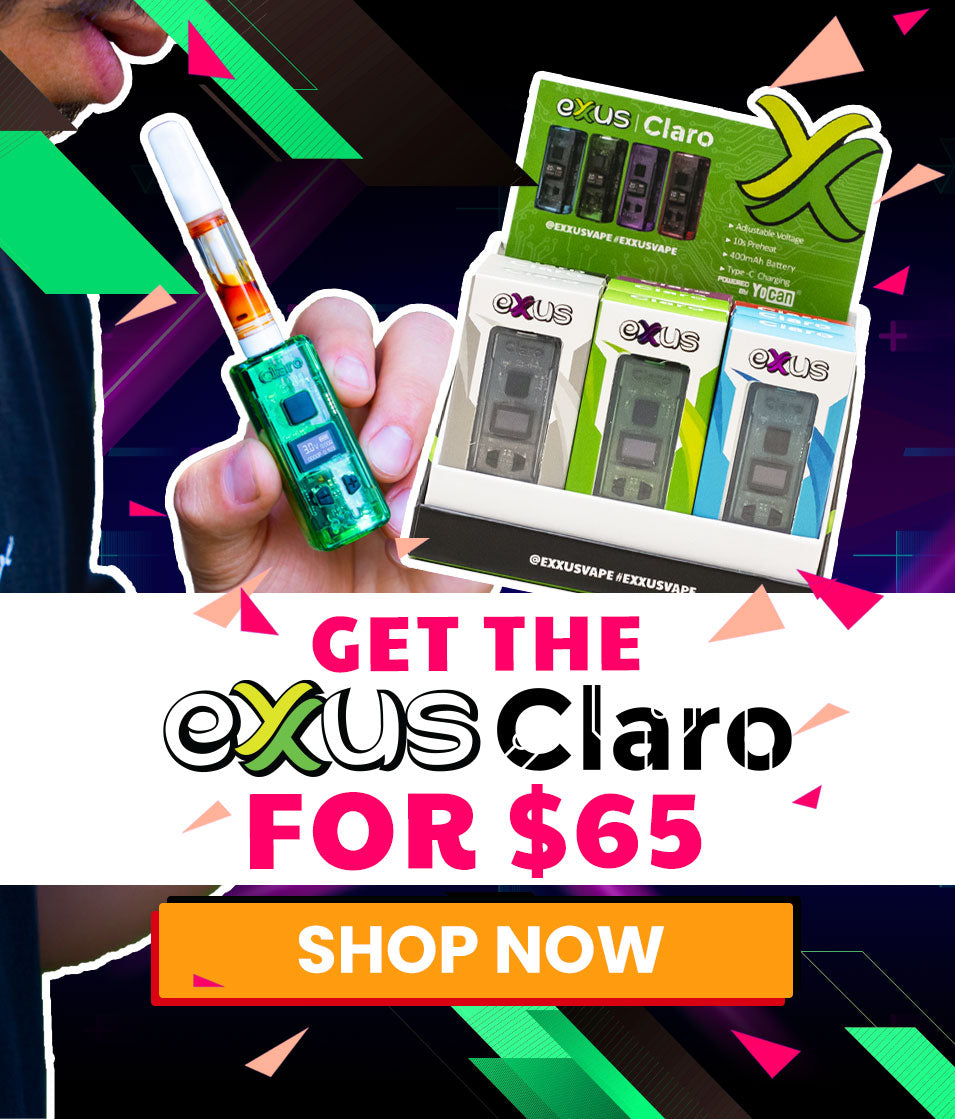 Promotional image of Exus Claro vaping products with a hand holding a device and packaging.