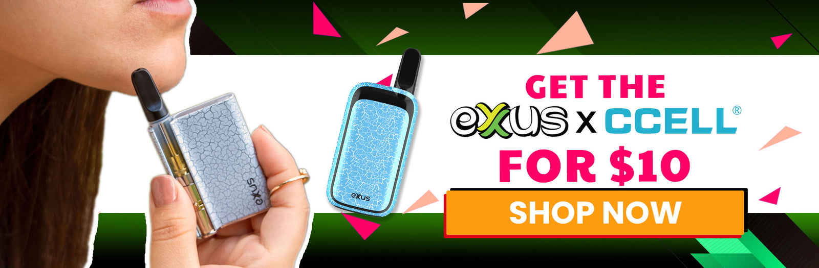 Promotional banner for Exxus X CCELL with a hand holding the product and call to action text.