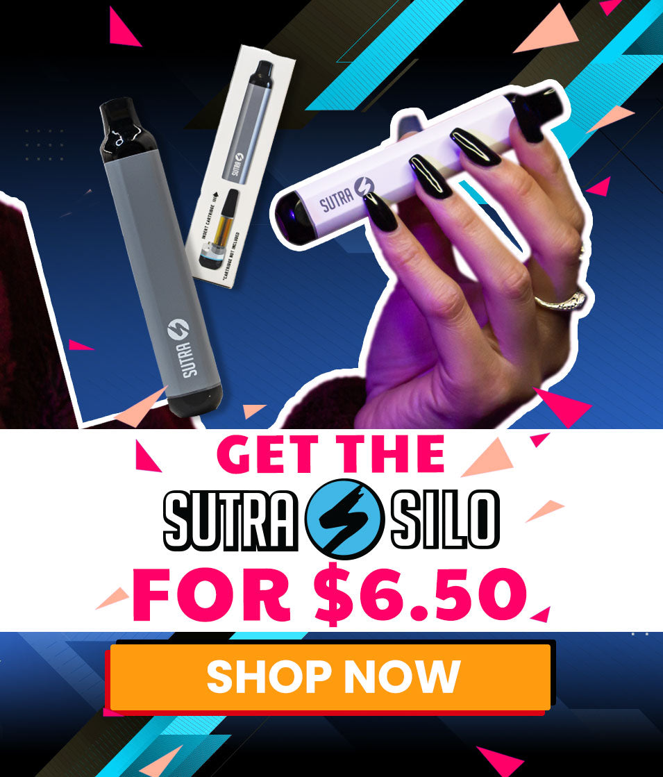 Woman holding a Pearl Sutra Silo with promotional text overlay on a Blue colorful background