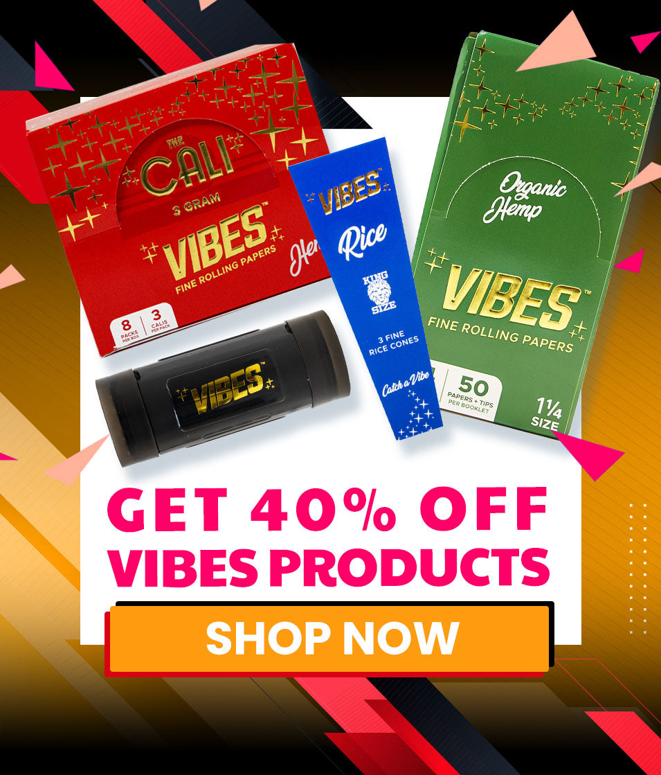 Various Vibes Rolling Papers products with promotional text overlay on a colorful background