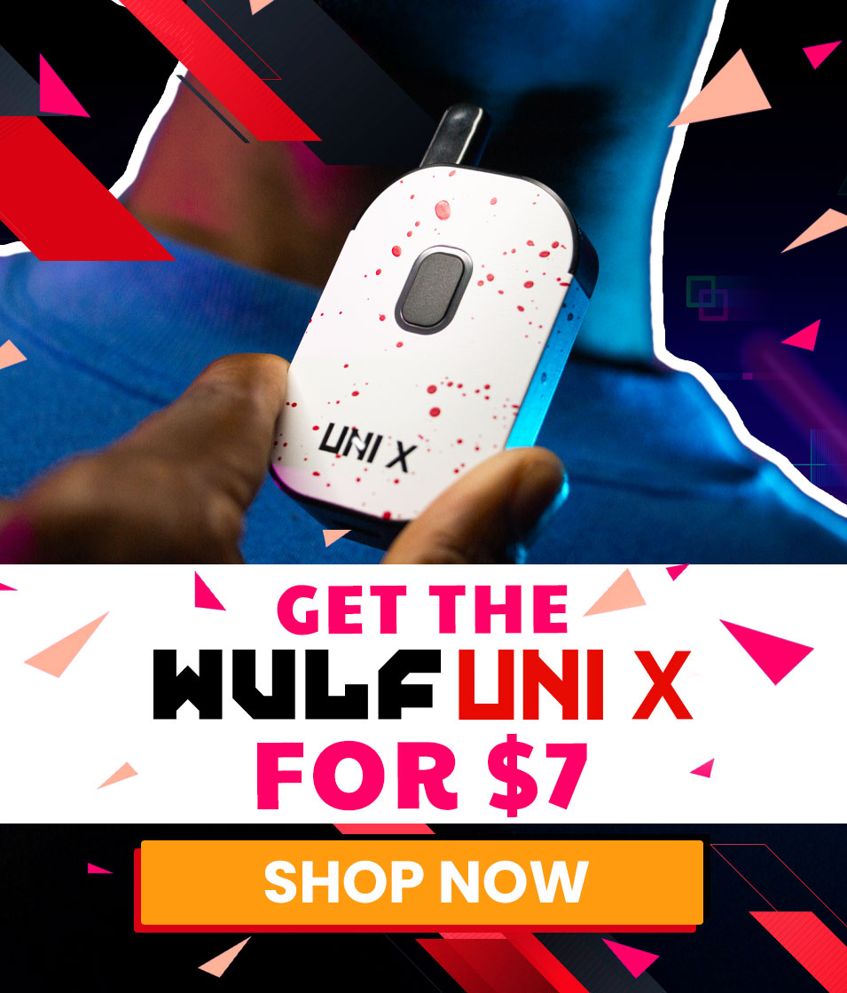 Hand holding a Wulf UNI X against a colorful geometric background with promotional text.