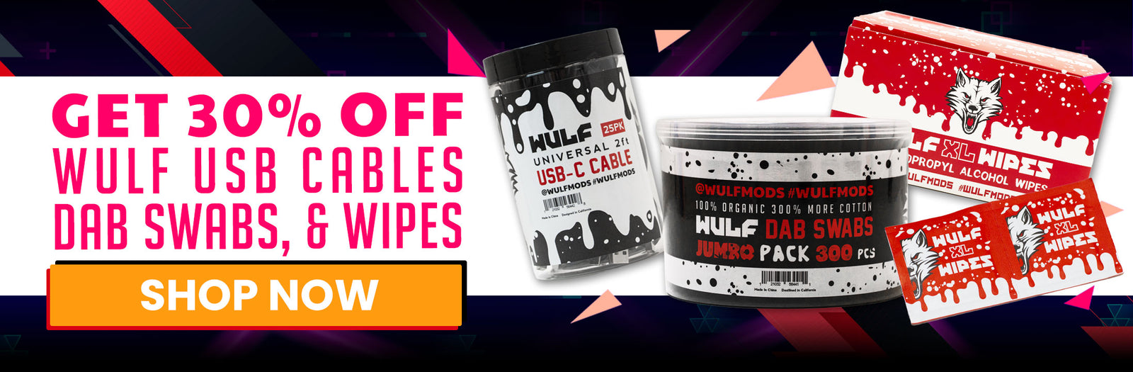 Promotional banner for Wulf products with USB cables, dab swabs, and wipes on a colorful background.