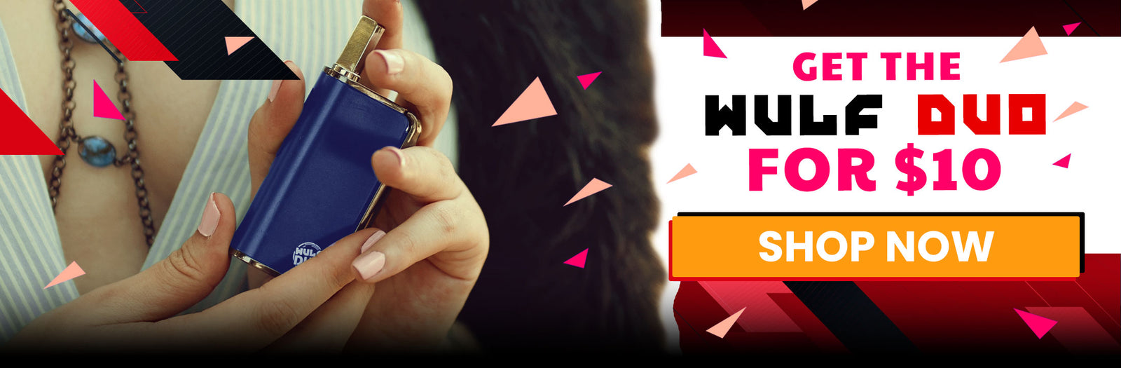 woman holding a blue Wulf DUO with promotional text overlay on a colorful background