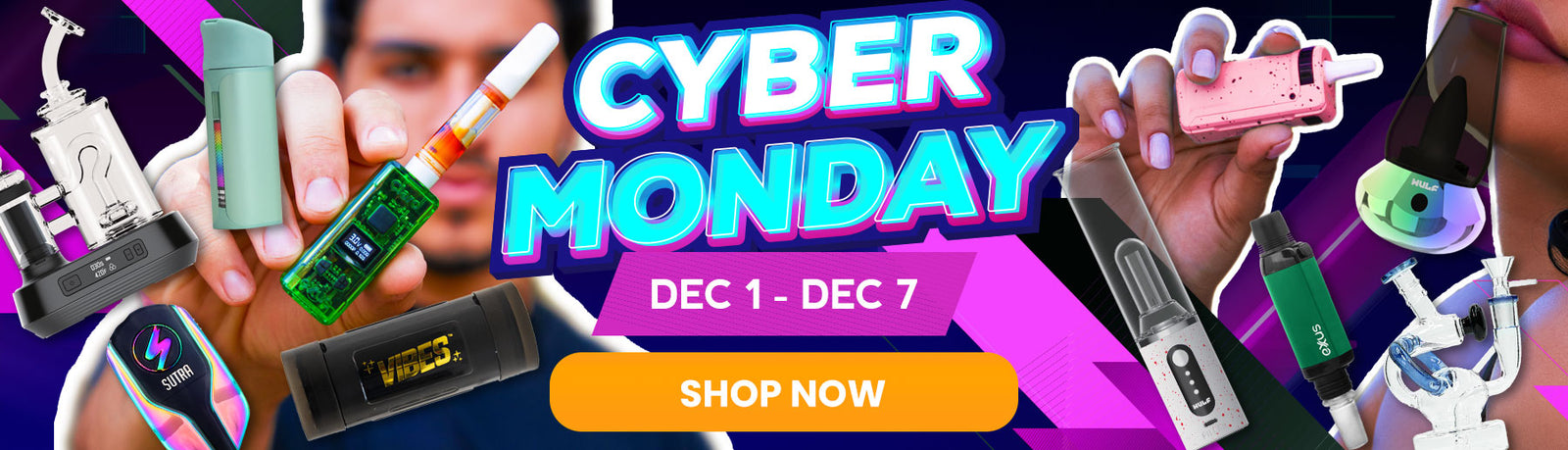 Wholesale Cyber Monday 2025 banner with top sale products and promotional text on a colorful background
