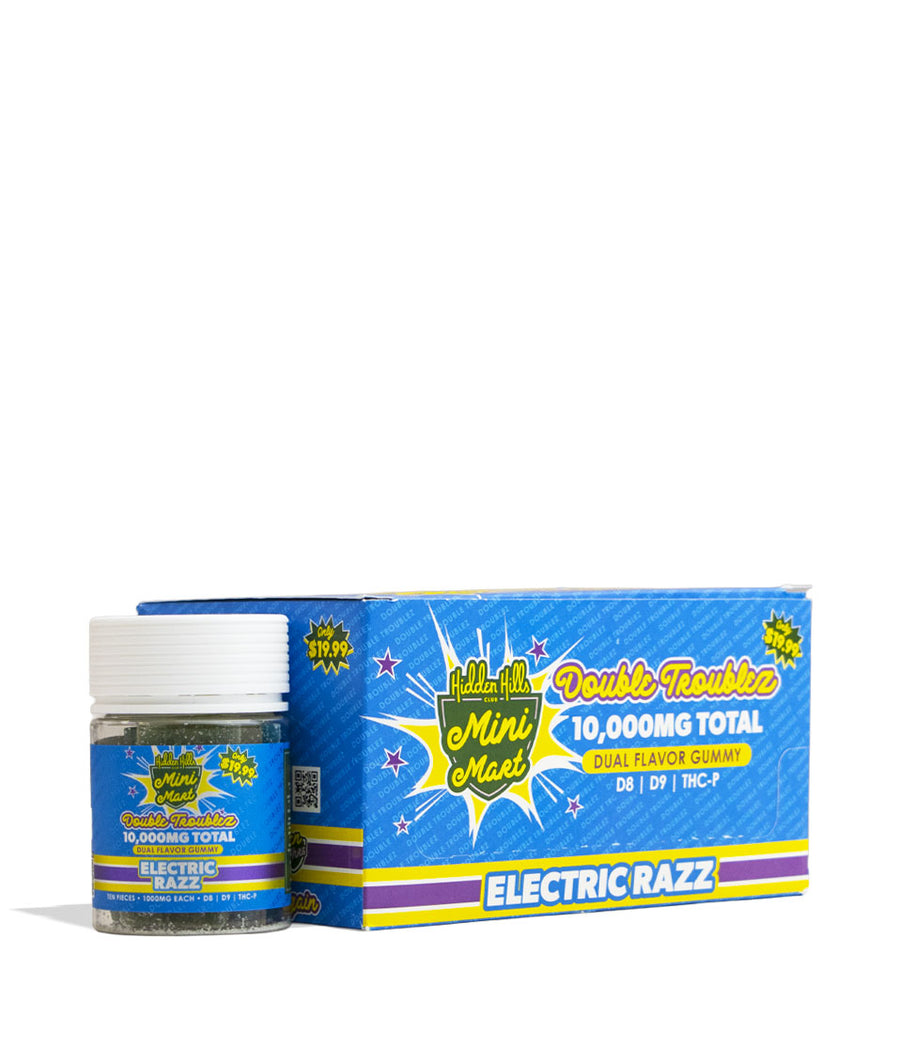 Electric Razz Hidden Hills Mini Mart Double Troublez 1000mg Gummies 6pk Front View on White Background