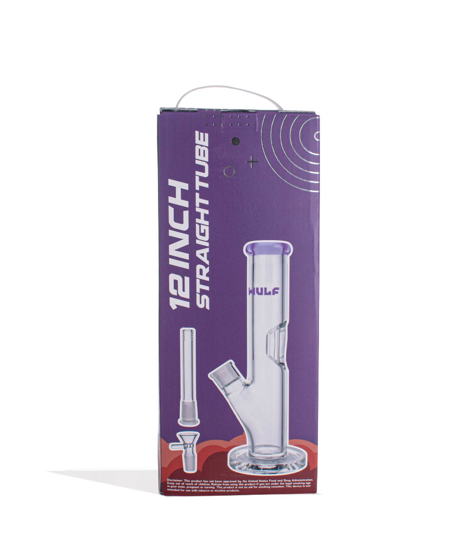 Purple Wulf Mods 7mm 12inch Straight Water Pipe Packaging Back View on White Background