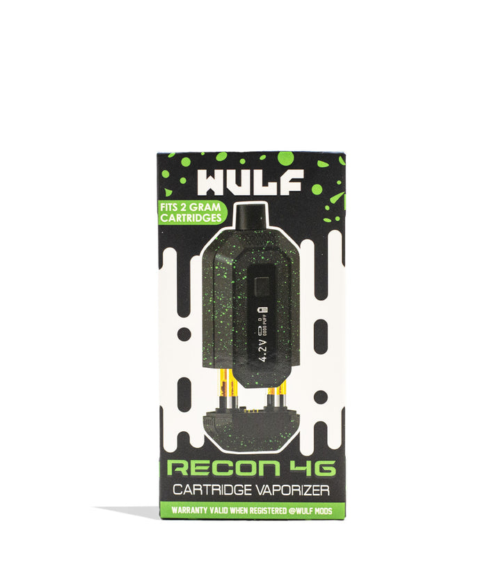 Black Green Spatter Wulf Mods Recon 4g Dual Cartridge Vaporizer 9pk Packaging Front View on White Background