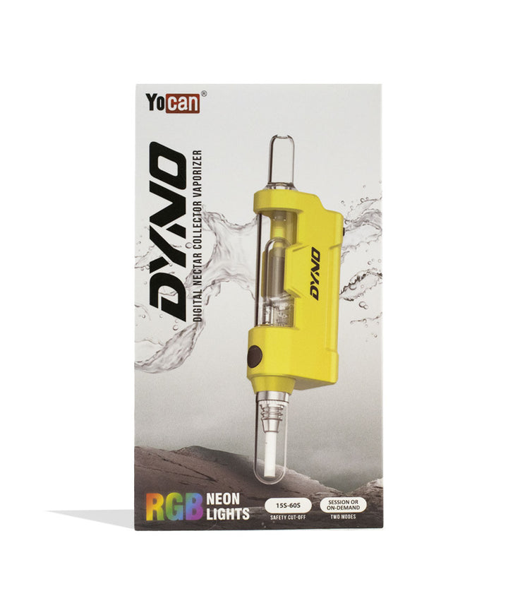 Yellow Yocan Dyno Digital Nectar Collector with Glass Bubbler Packaging Front View on White Background