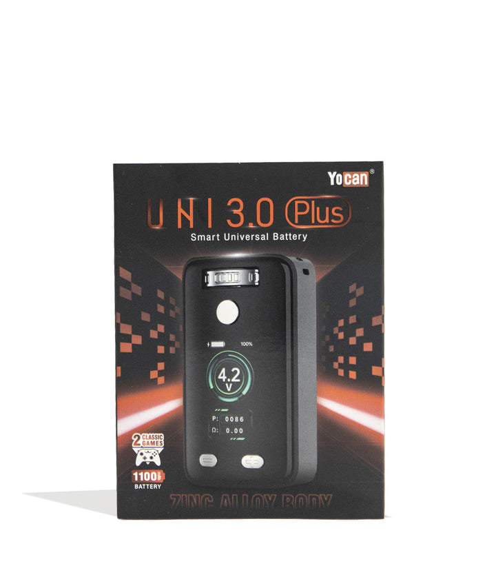 Black Yocan UNI 3.0 Plus Variable Voltage Battery Packaging Front View on White Background