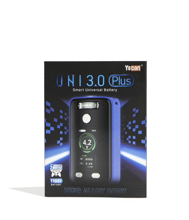 Blue Yocan UNI 3.0 Plus Variable Voltage Battery Packaging Front View on White Background