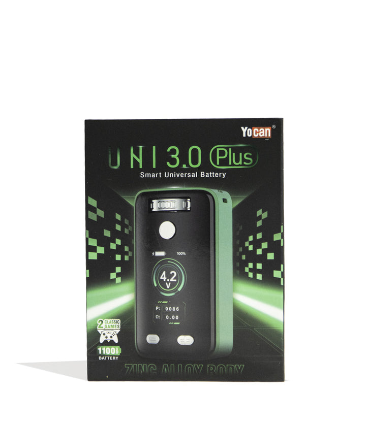 Green Yocan UNI 3.0 Plus Variable Voltage Battery Packaging Front View on White Background