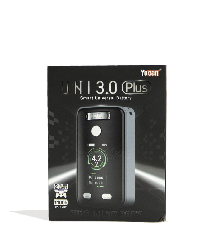 Gunmetal Yocan UNI 3.0 Plus Variable Voltage Battery Packaging Front View on White Background
