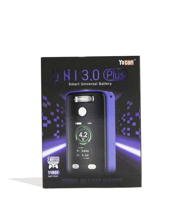 Purple Yocan UNI 3.0 Plus Variable Voltage Battery Packaging Front View on White Background