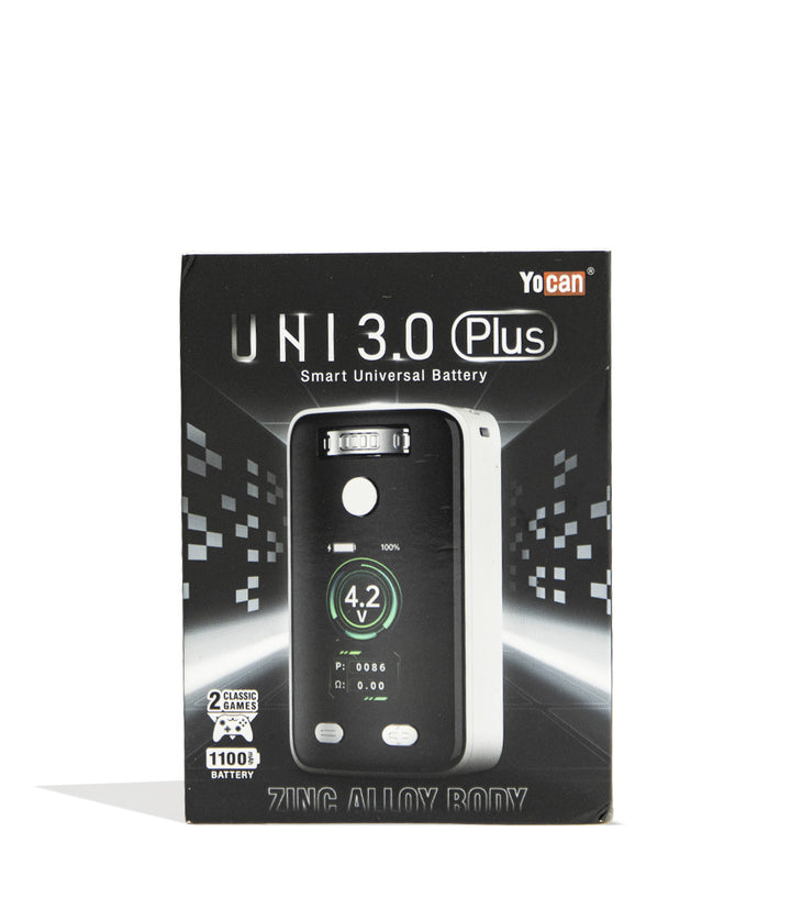 White Yocan UNI 3.0 Plus Variable Voltage Battery Packaging Front View on White Background