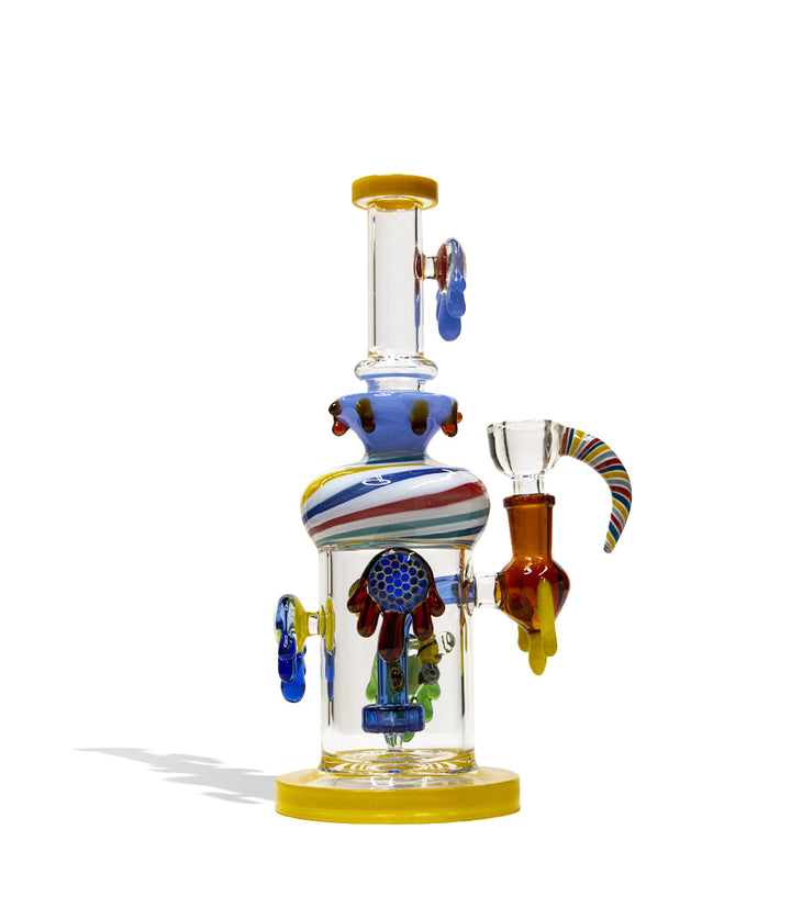 Yellow 10 Inch Dab Rig With Multi Designed Pearls Front View on White Background